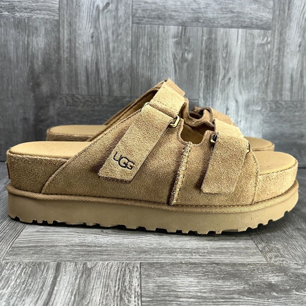 UGG GoldenGlow Sandals Women 11 Chestnut Suede Platform Slide NEW